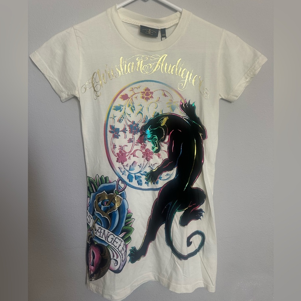 Christian Audigier White Panther Graphic Tee - Foil Detail - XS
